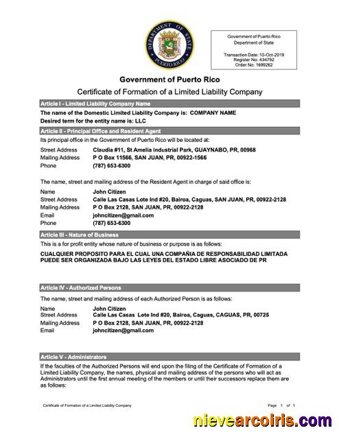Puerto Rico certificate of formation of a limited liability company, version 2